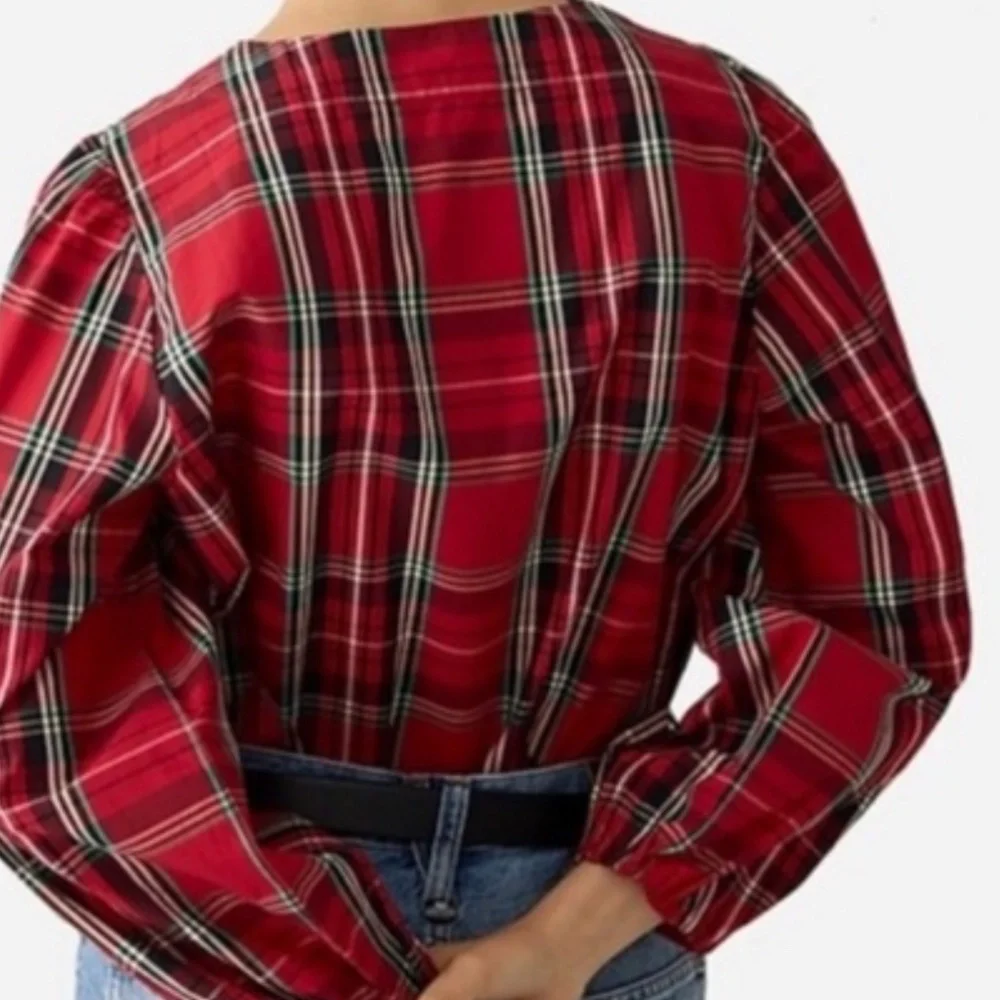 Jcrew plaid top NWT Puff-sleeve poplin top in Good Tidings plaid size large - Picture 2 of 3